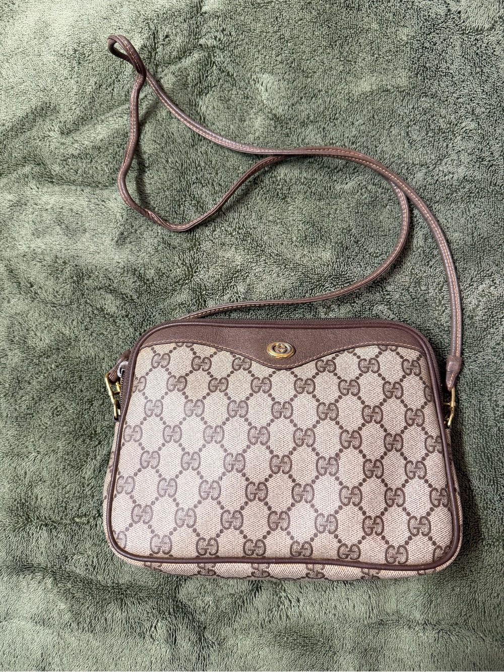 Authentic! Gucci Brown/Tan GG Supreme Canvas Crossbody with Leather Trim